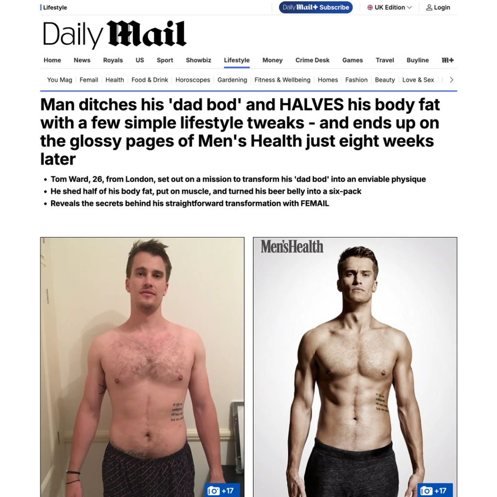 The Daily Mail article on Tom Ward halving his body fat and ending up in Men's Health