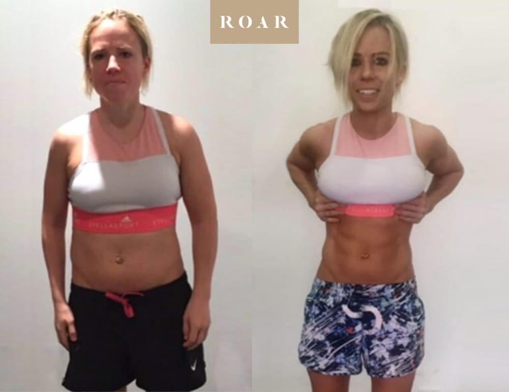 Clemmie before and after her 10-week female body transformation at ROAR Fitness London