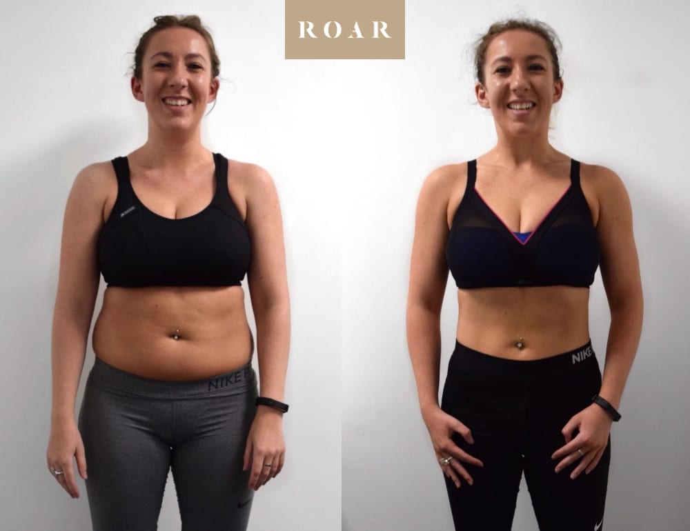 Vicky before and after her 10-week female body transformation at ROAR Fitness London