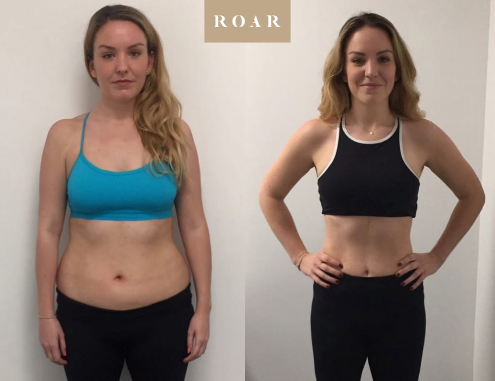 Emma before and after her 12-week female body transformation at ROAR Fitness London, body fat from 26.1% to 15.3%