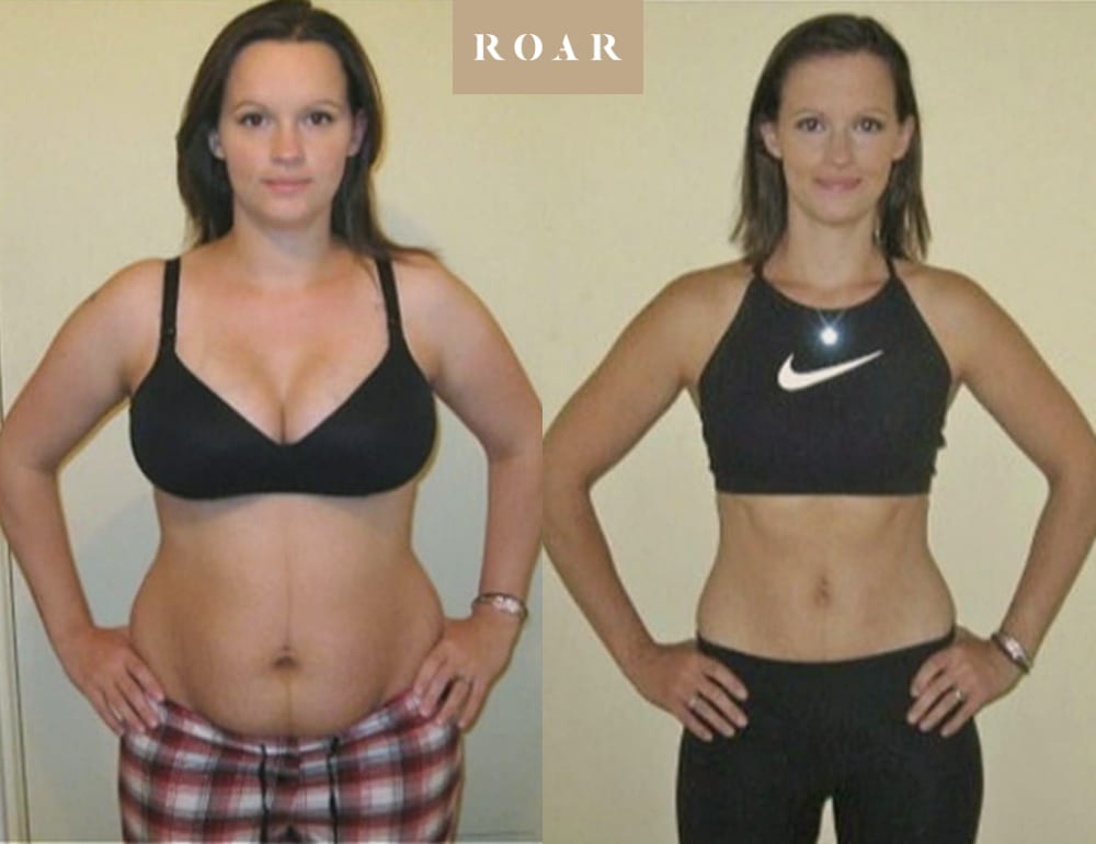 Lucy before and after her 12-week female body transformation at ROAR Fitness London