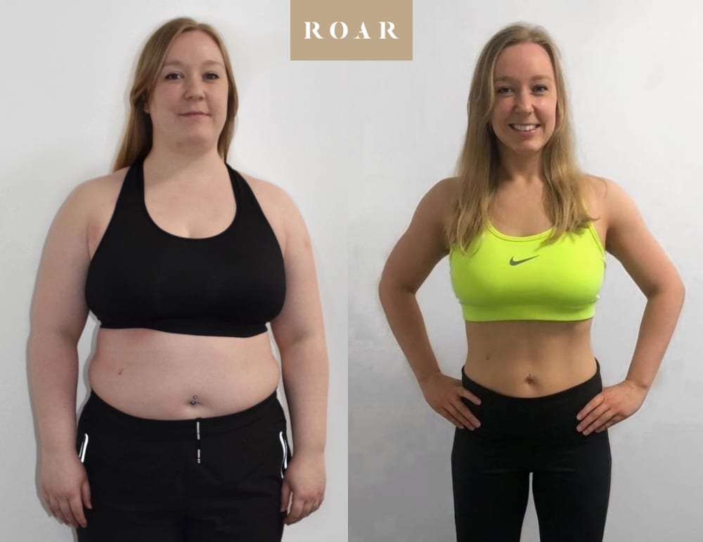 Jess before and after her 33-week female body transformation at ROAR Fitness London, 30kg weight loss