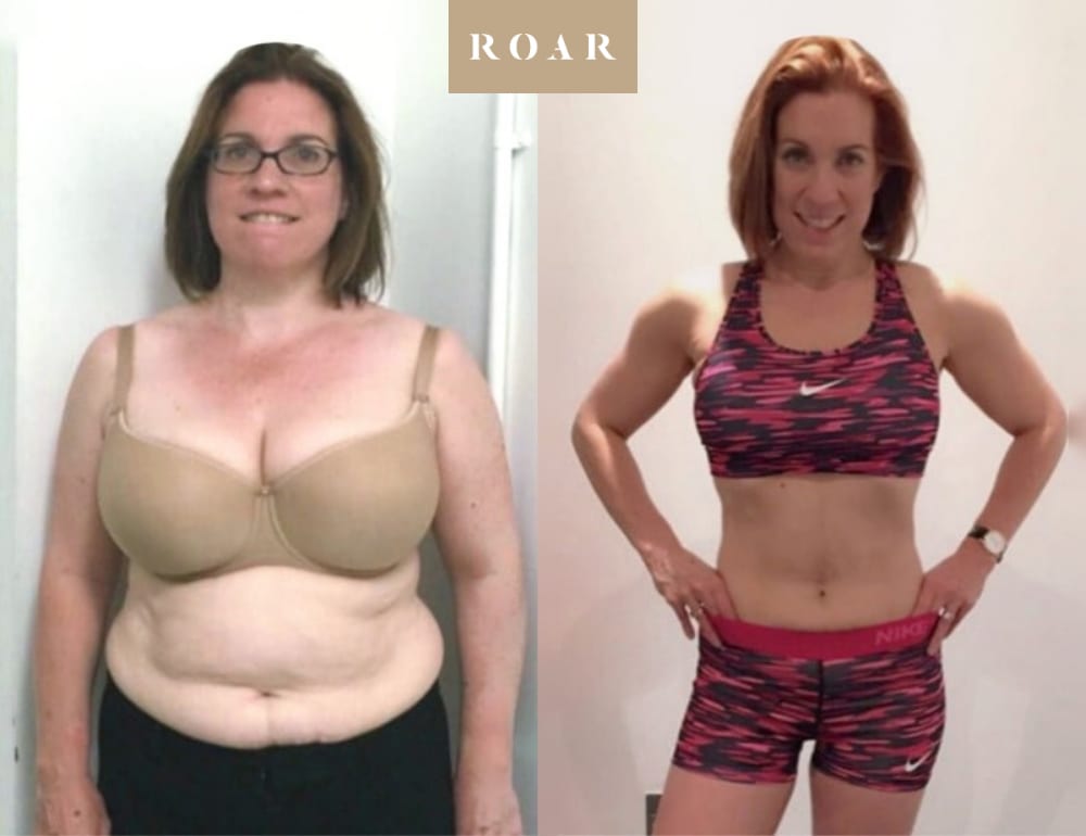 Fiona before and after her 5-month post-pregnancy body transformation at ROAR Fitness London