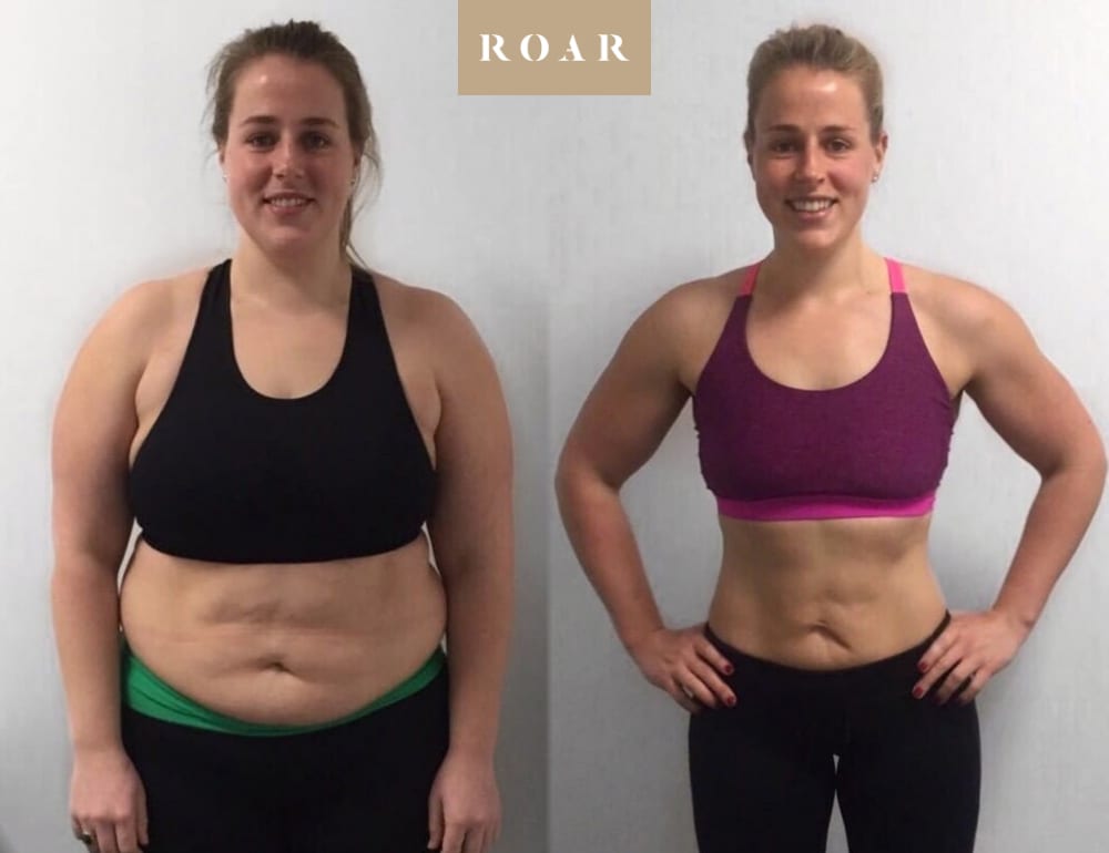 Emma before and after her female body transformation at ROAR Fitness London, 25kg weight loss