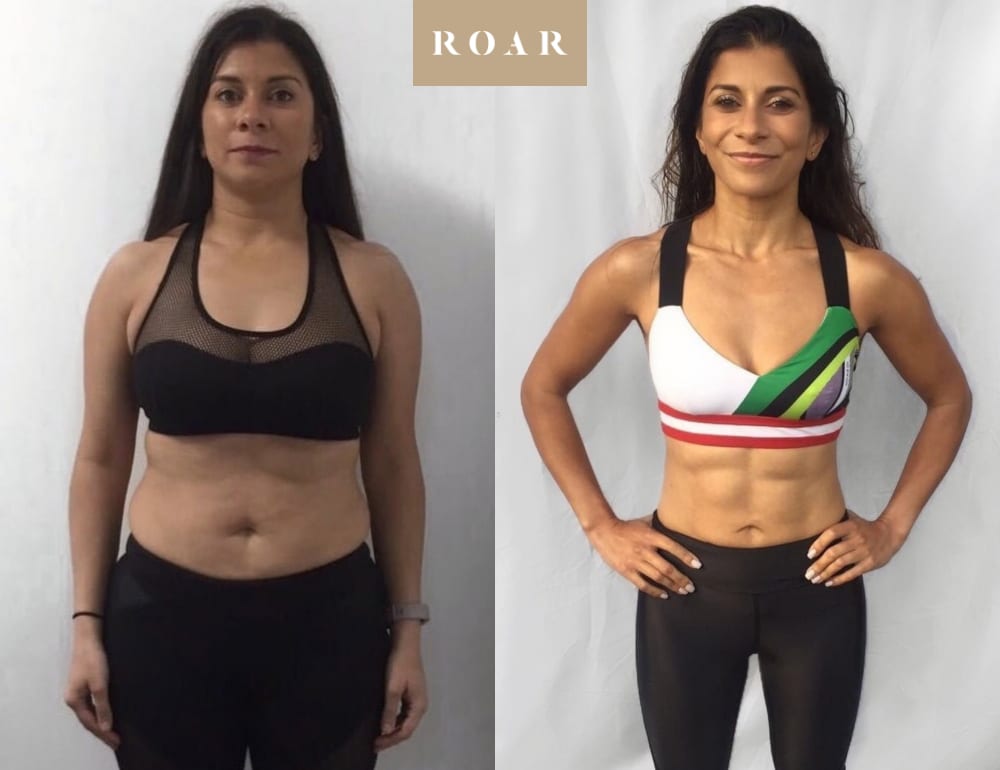 Before and after photos of Anita's female body transformation at ROAR Fitness London
