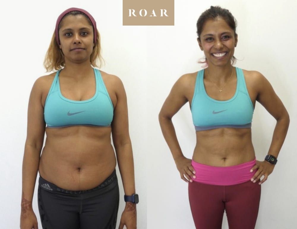 Dilini's female body transformation, before and after personal training at ROAR Fitness London