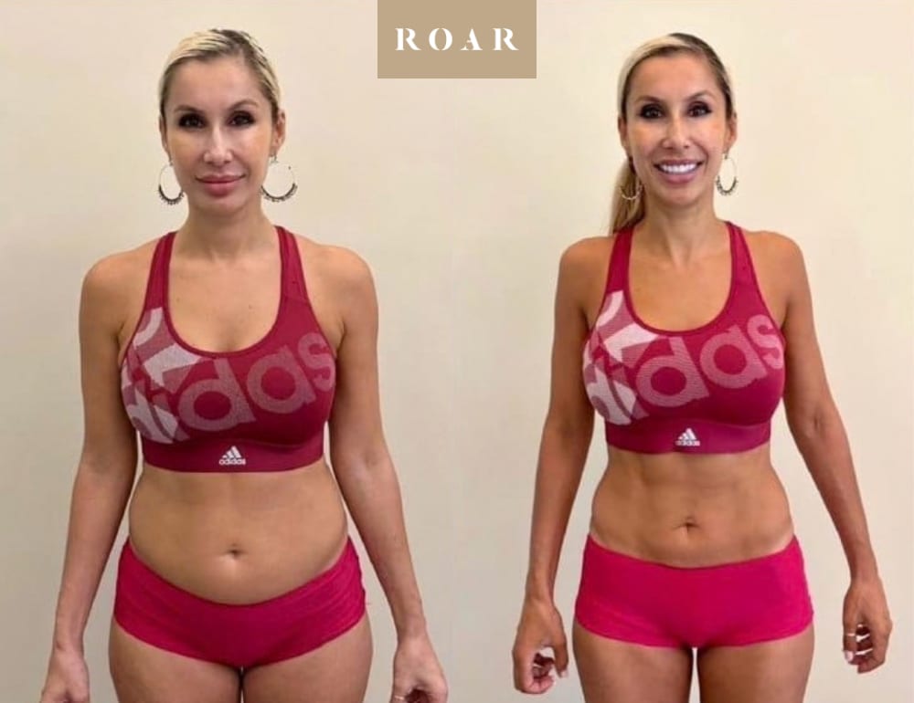 Before and after photos of Eve's female body transformation at ROAR Fitness London