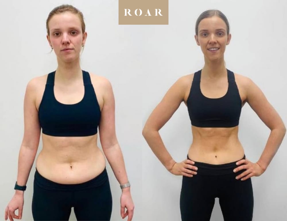 Grace's female body transformation, before and after personal training at ROAR Fitness London