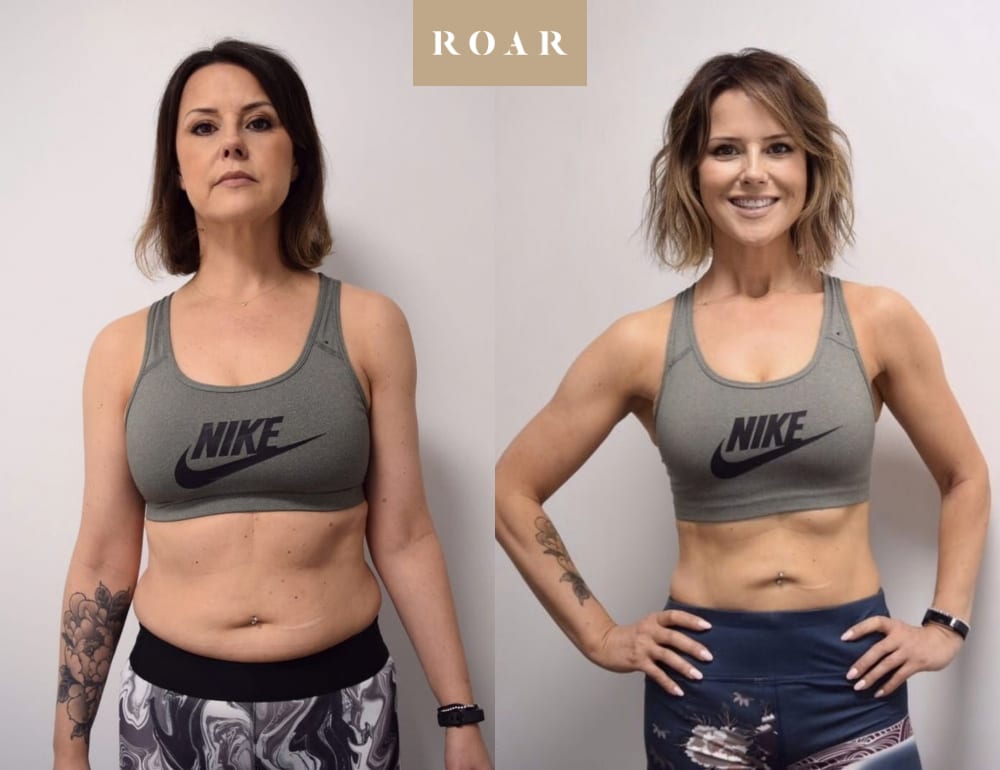 Justene's female body transformation, before and after personal training at ROAR Fitness London