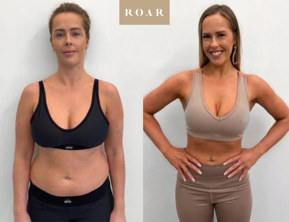 Before and after photos of Kristina's female body transformation at ROAR Fitness London