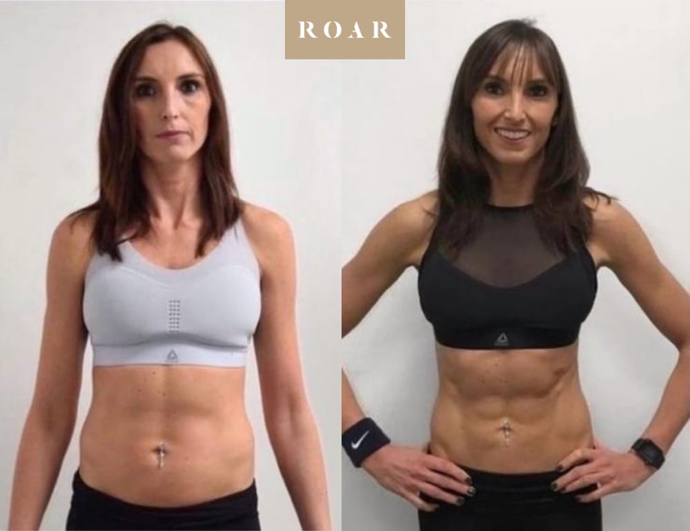 Before and after photos of Laura's female body transformation at ROAR Fitness London