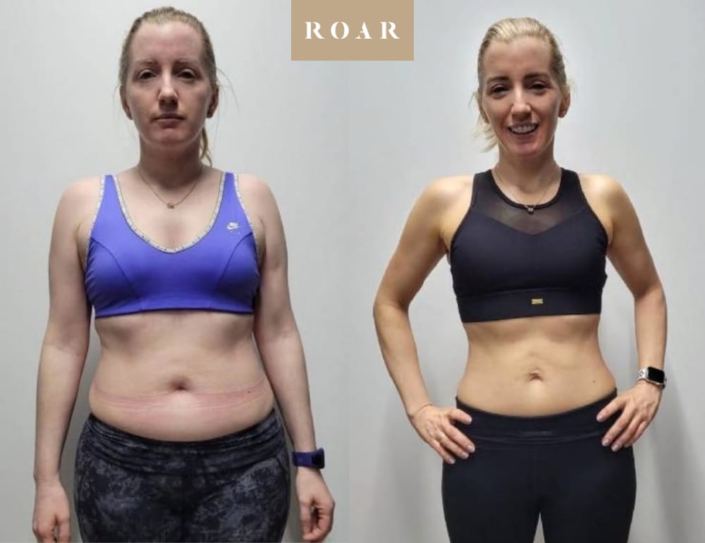 Before and after photos of Miriam's female body transformation at ROAR Fitness London