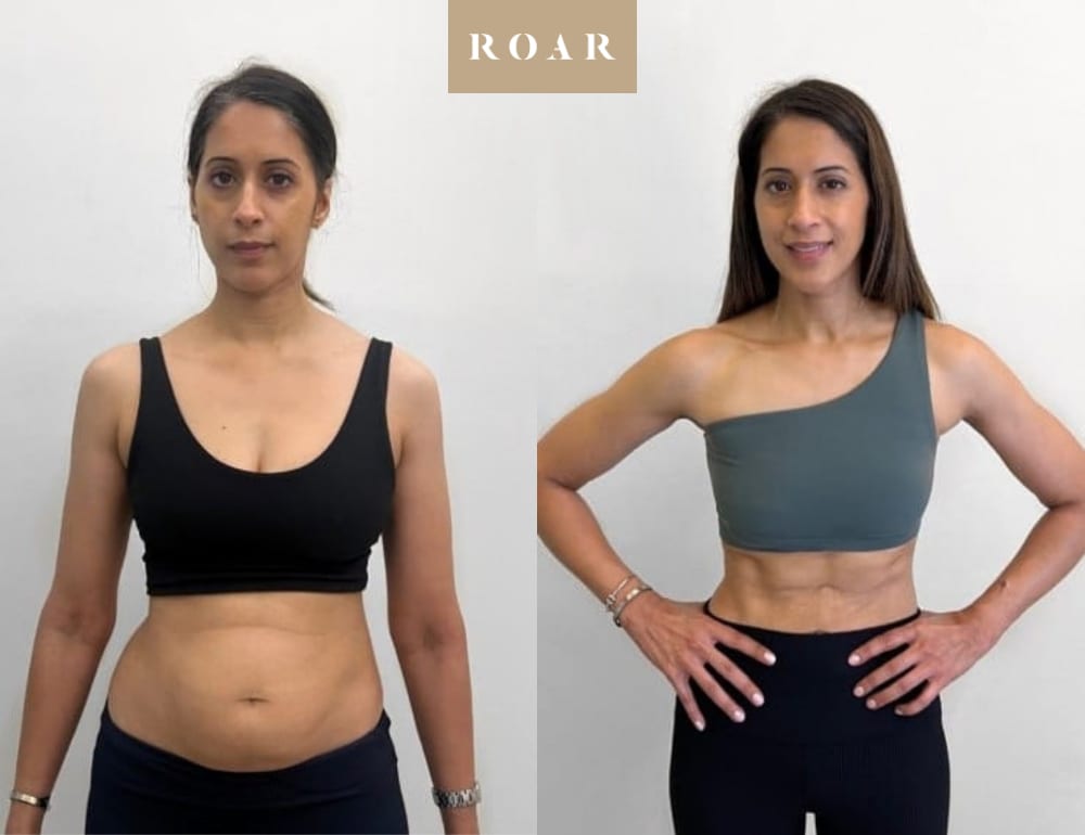 Before and after photos of Poonam's female body transformation at ROAR Fitness London