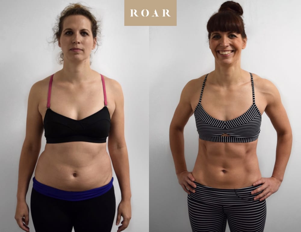 Willow's female body transformation, before and after personal training at ROAR Fitness London