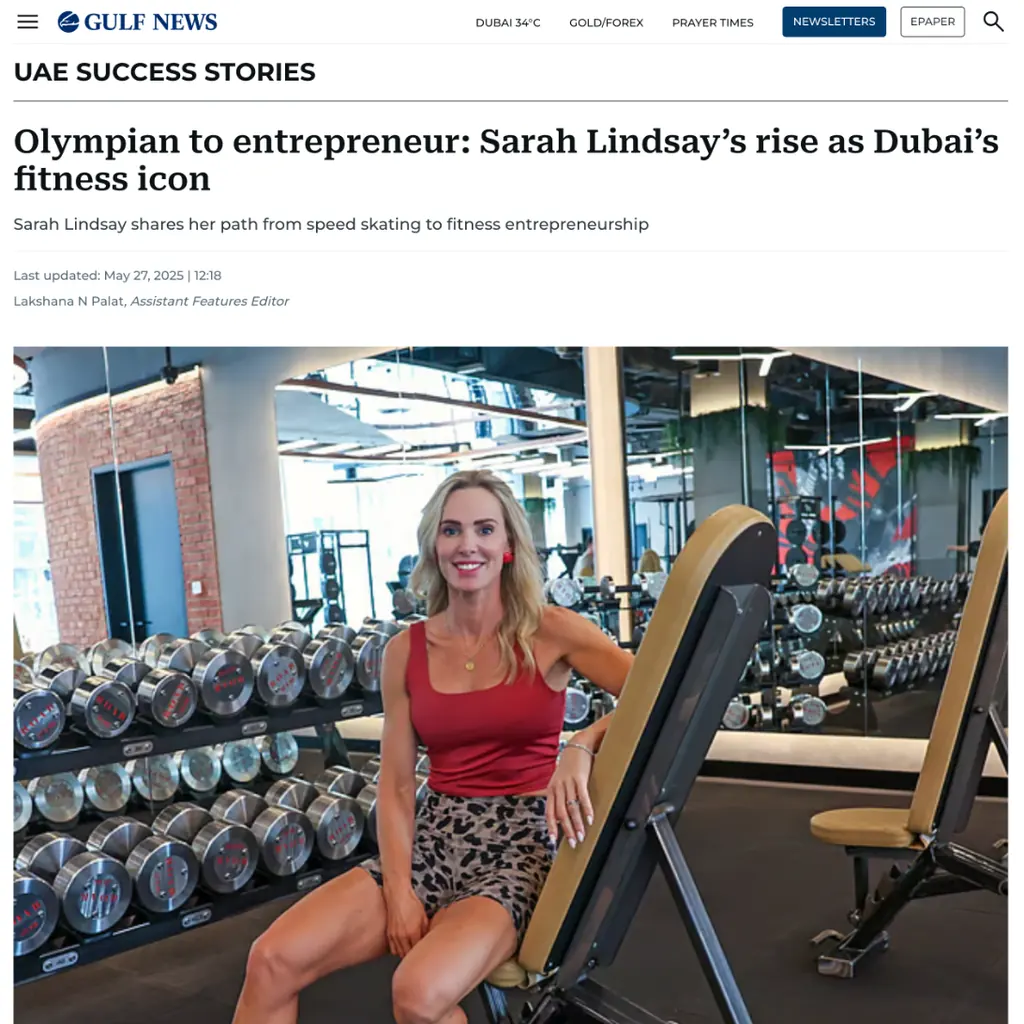 The Gulf News article on Sarah Lindsay's path from Olympian to Dubai fitness entrepreneur