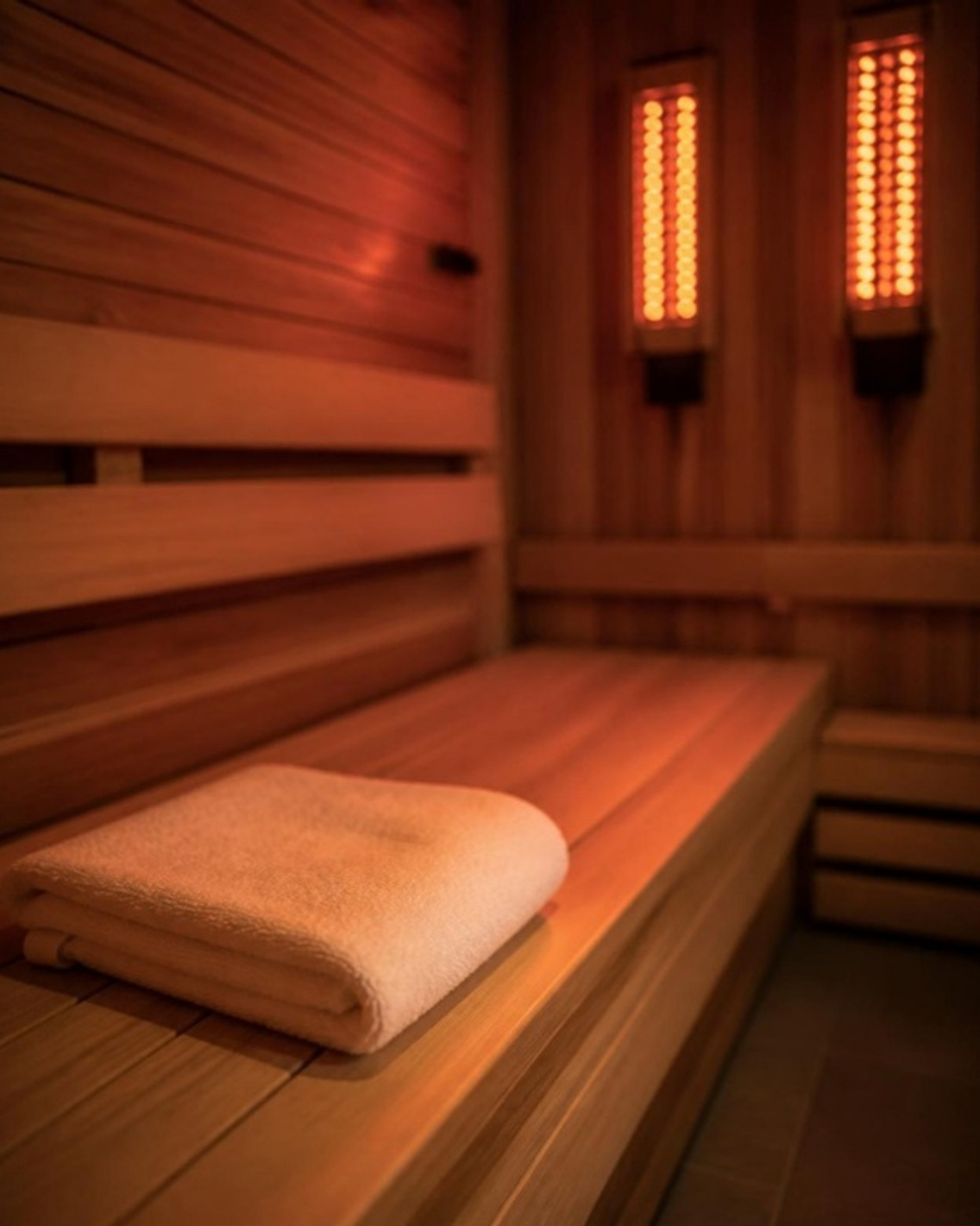 Infrared sauna with cedar walls, infrared lamps and a folded towel on the bench
