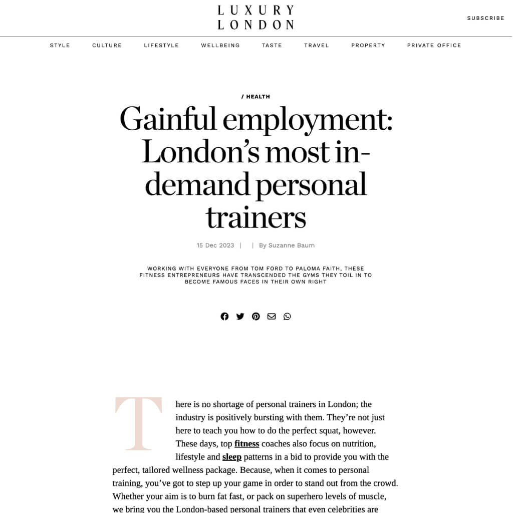 Roar Fitness featured in an article in Luxury London magazine