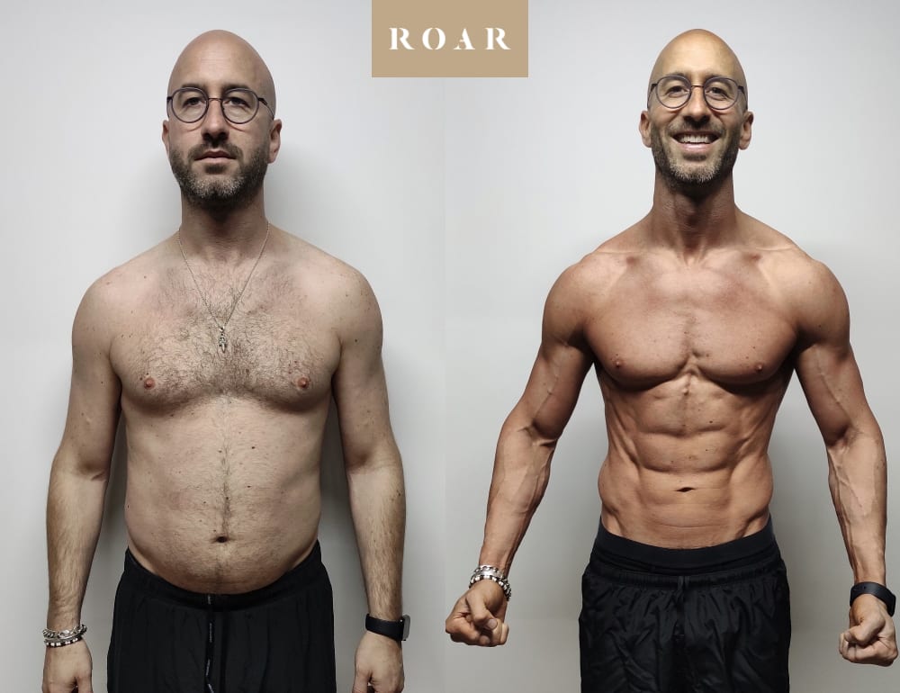 Stephen Mix, 43, before and after his 12-week male body transformation at ROAR Fitness London, 10kg weight loss