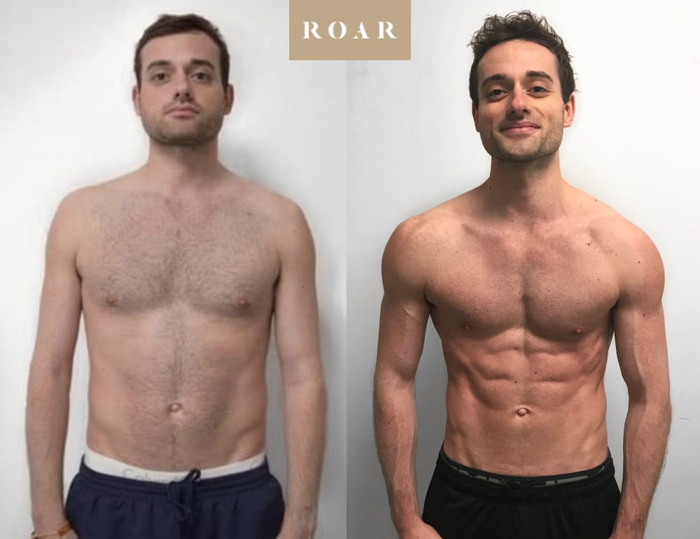 Sam before and after his 12-week male body transformation at ROAR Fitness London