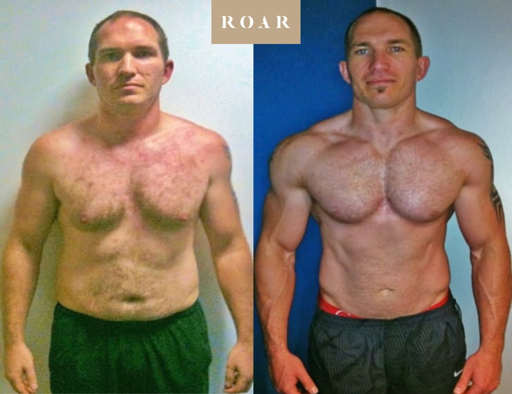 Nick before and after his 8-week male body transformation at ROAR Fitness London, 18kg weight loss