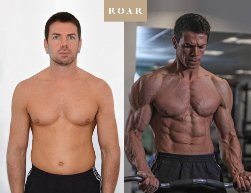 Charlie Burton, 42, before and after his 8-week male body transformation at ROAR Fitness London