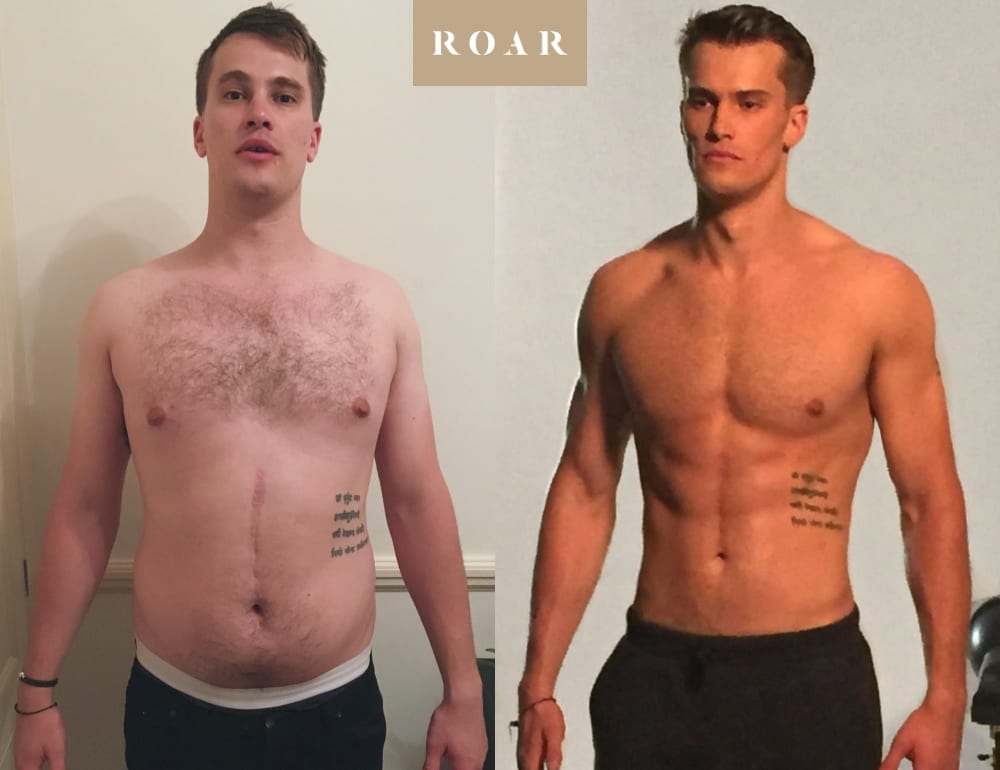 Tom before and after his 8-week male body transformation at ROAR Fitness London, featured in Men's Health