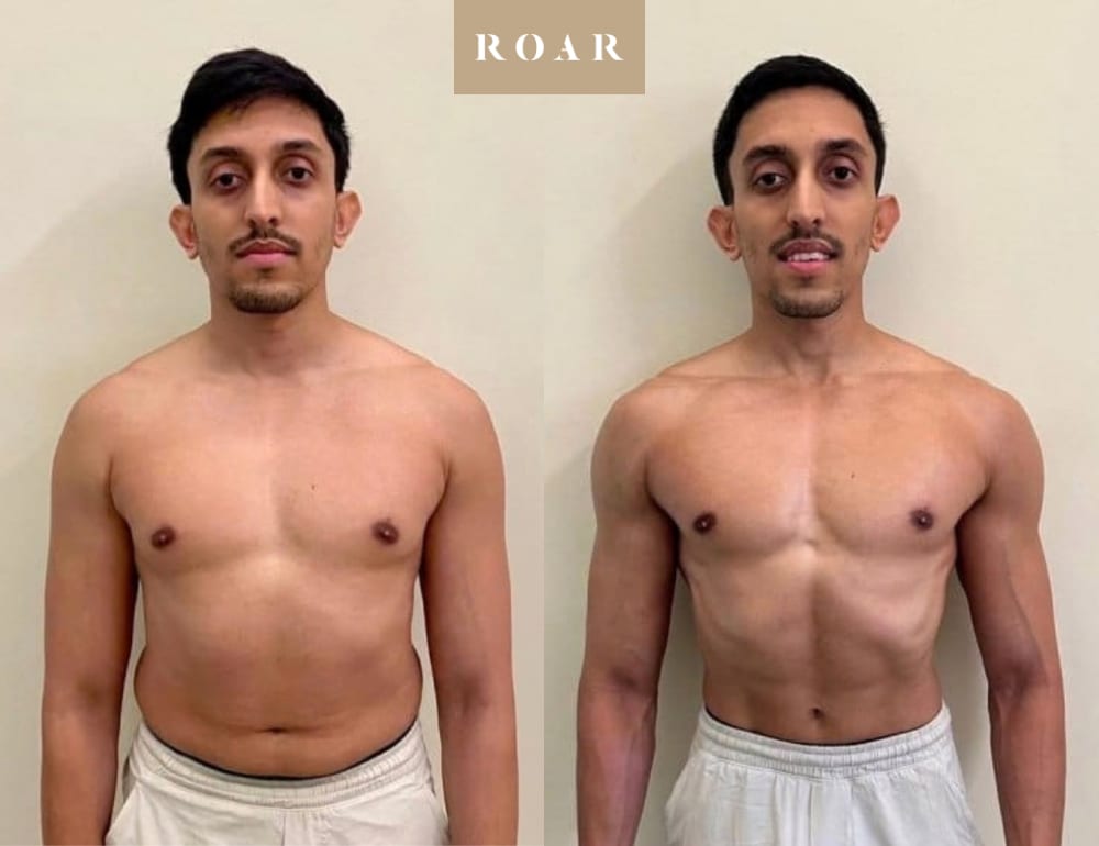 Before and after photos of Aditya's male body transformation at ROAR Fitness London