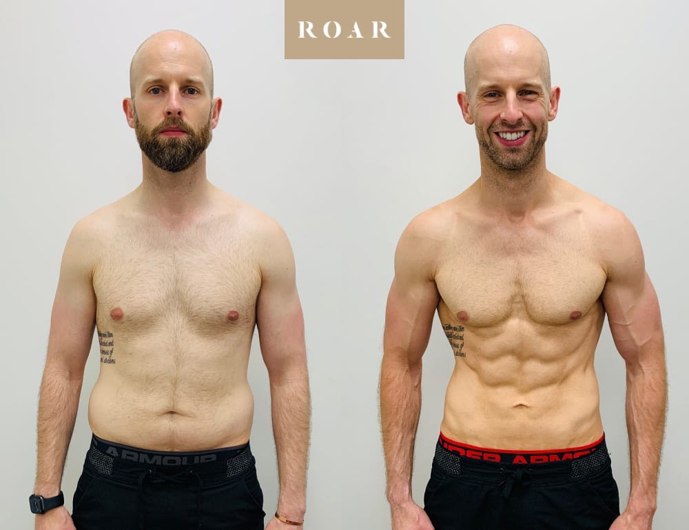 Alex's male body transformation, before and after personal training at ROAR Fitness London