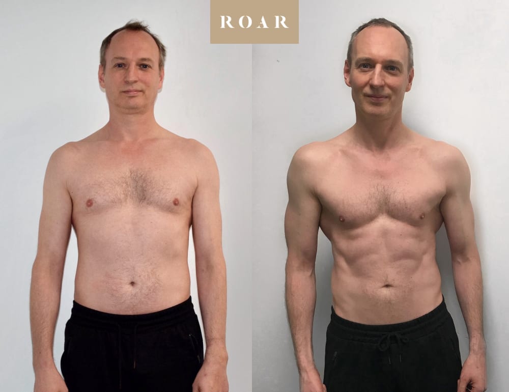 Andy's male body transformation, before and after personal training at ROAR Fitness Dubai