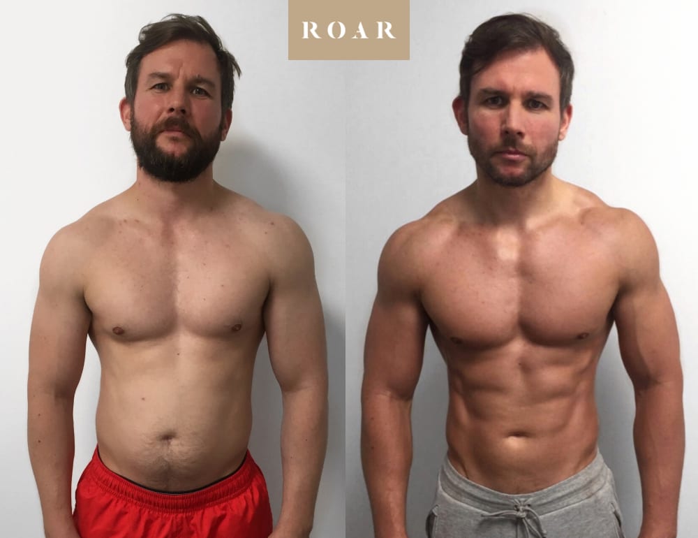 Before and after photos of Ben's male body transformation at ROAR Fitness London