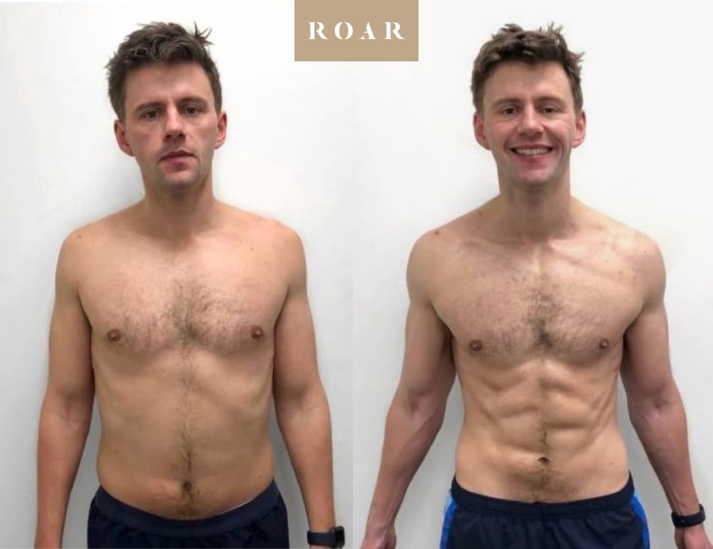 Brendan's male body transformation, before and after personal training at ROAR Fitness London