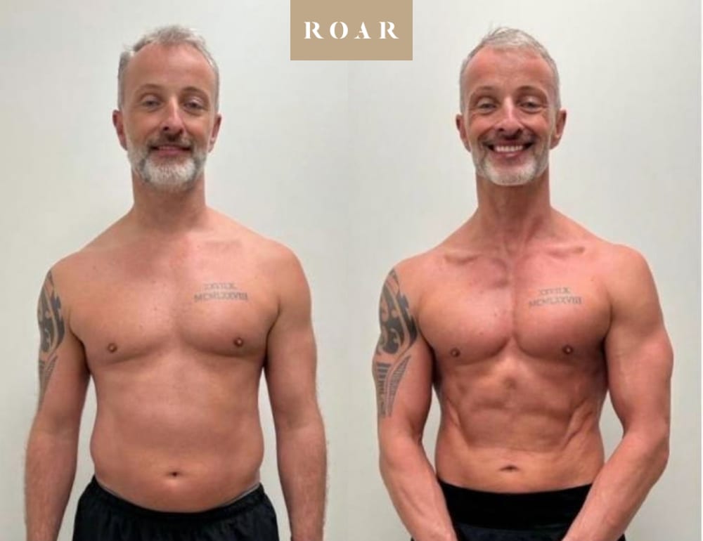 Before and after photos of Craig B's male body transformation after 50 at ROAR Fitness London