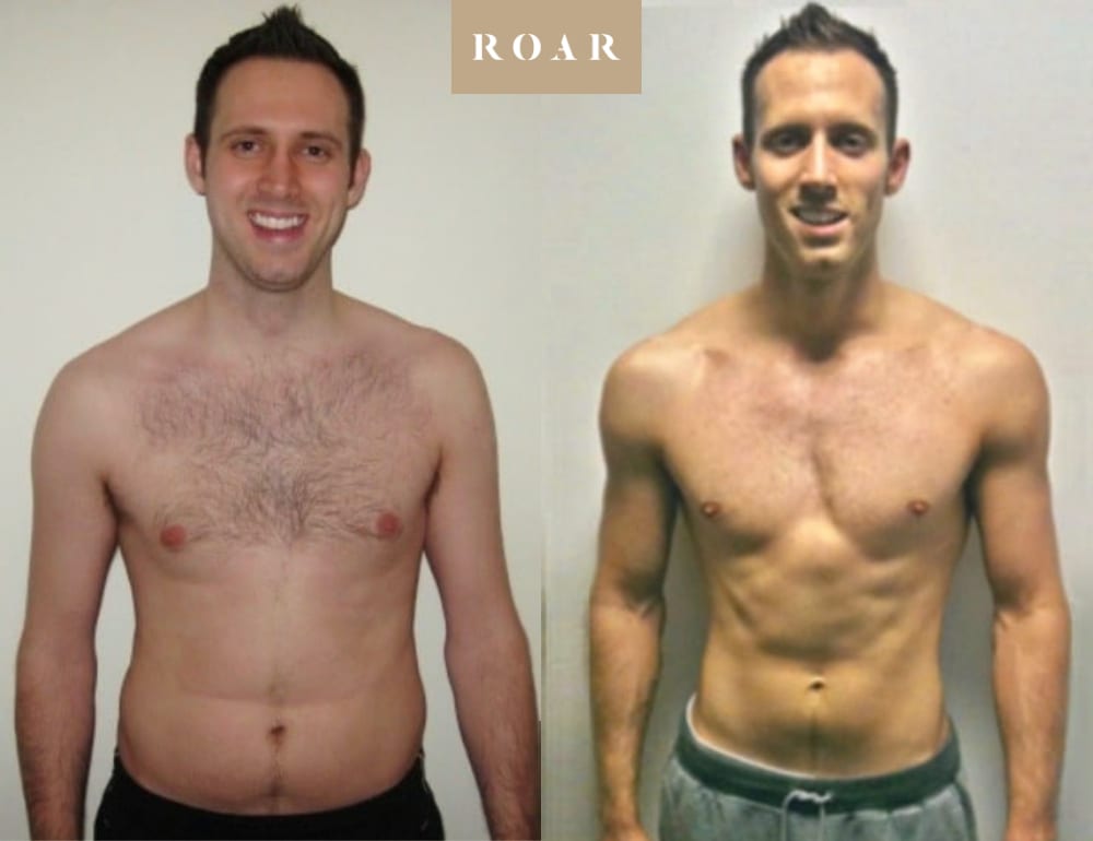 Dan's male body transformation, before and after personal training at ROAR Fitness London