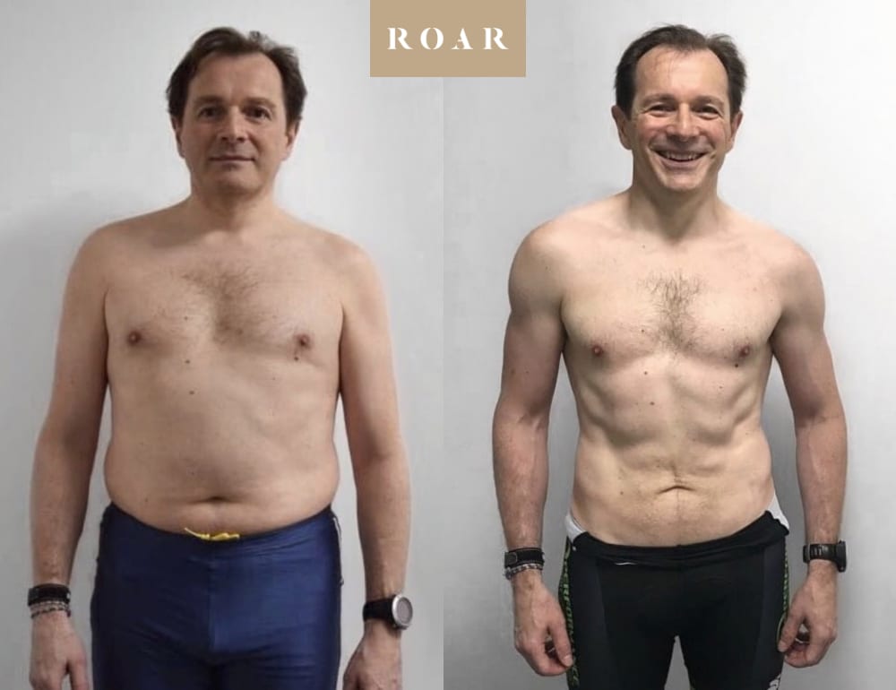 Greg before and after his male body transformation with ROAR Fitness London personal training