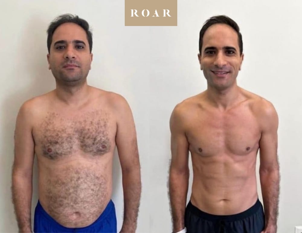 Before and after photos of Hadi's male body transformation at ROAR Fitness London