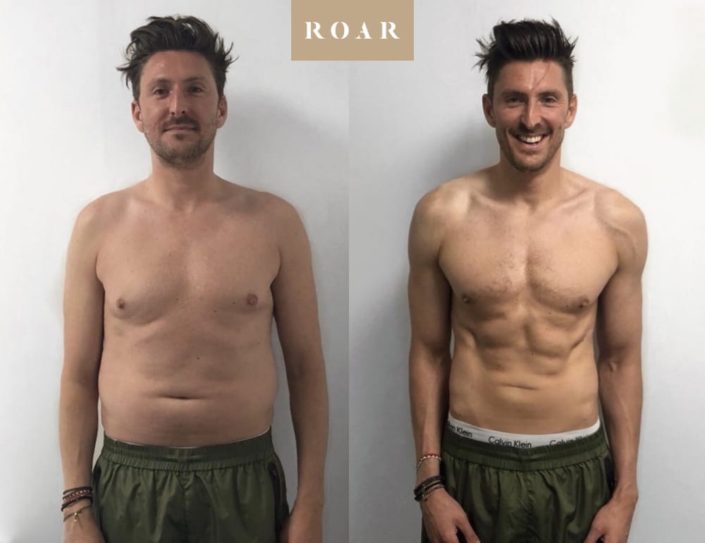 Henry Holland's male body transformation, before and after personal training at ROAR Fitness London