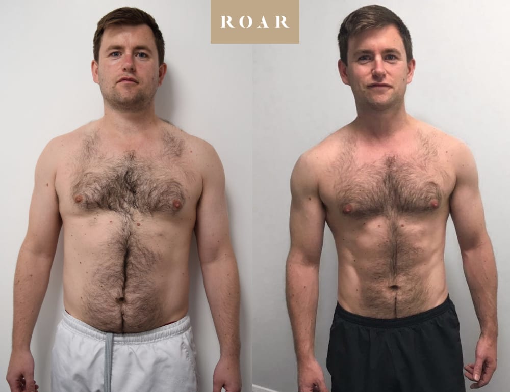 Kieren before and after his male body transformation with ROAR Fitness London personal training