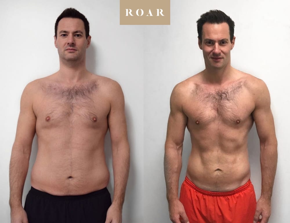 Before and after photos of Matt's male body transformation at ROAR Fitness London