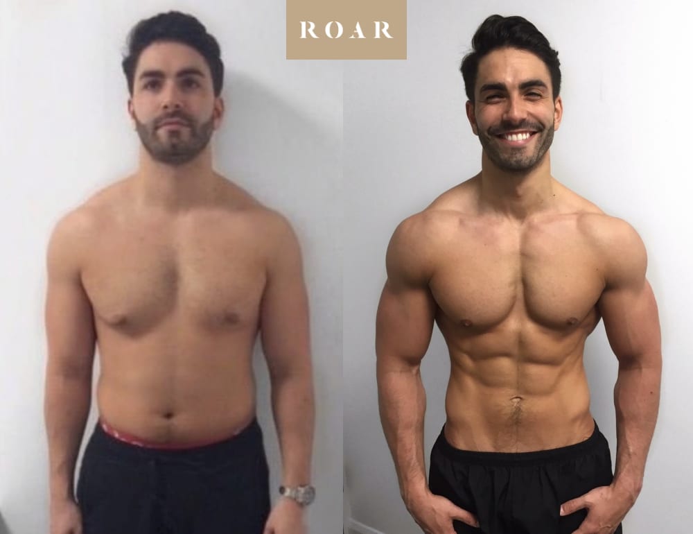 Michael's male body transformation, before and after personal training at ROAR Fitness London