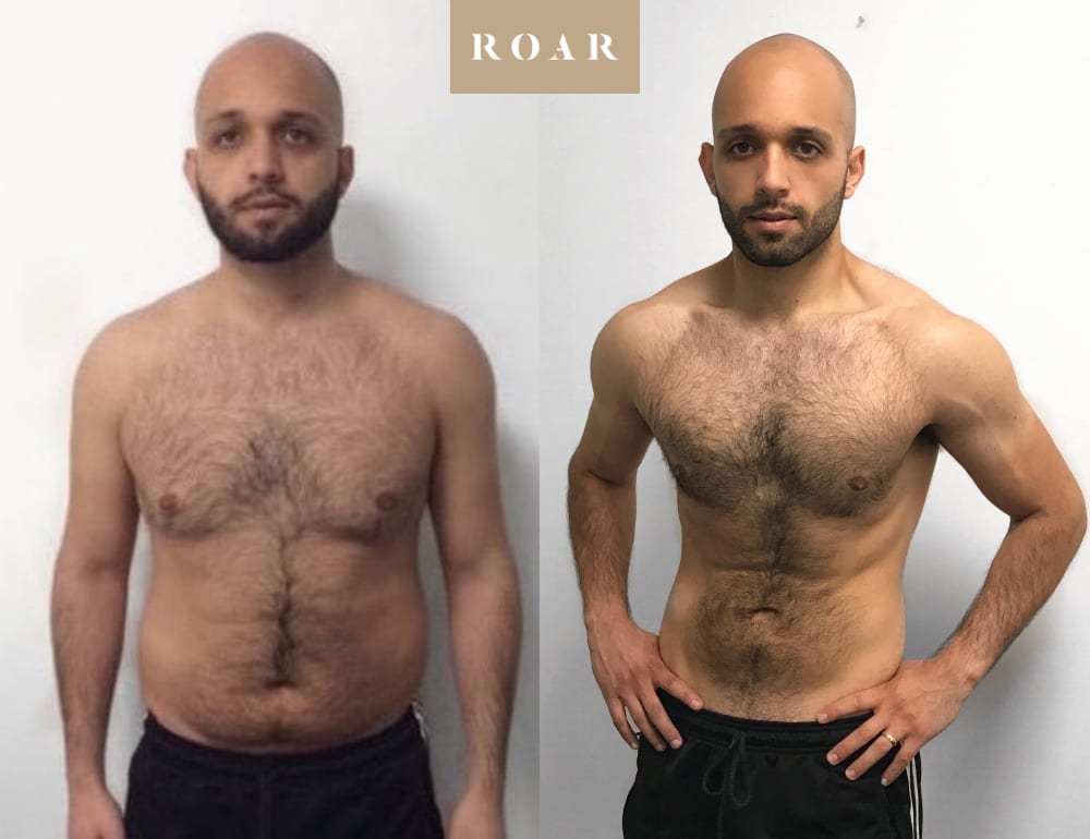 Nick's male body transformation, before and after personal training at ROAR Fitness London