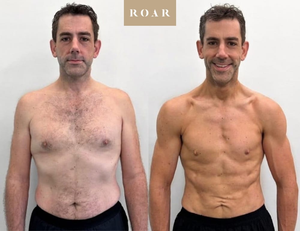 Before and after photos of Paul's male body transformation at ROAR Fitness London