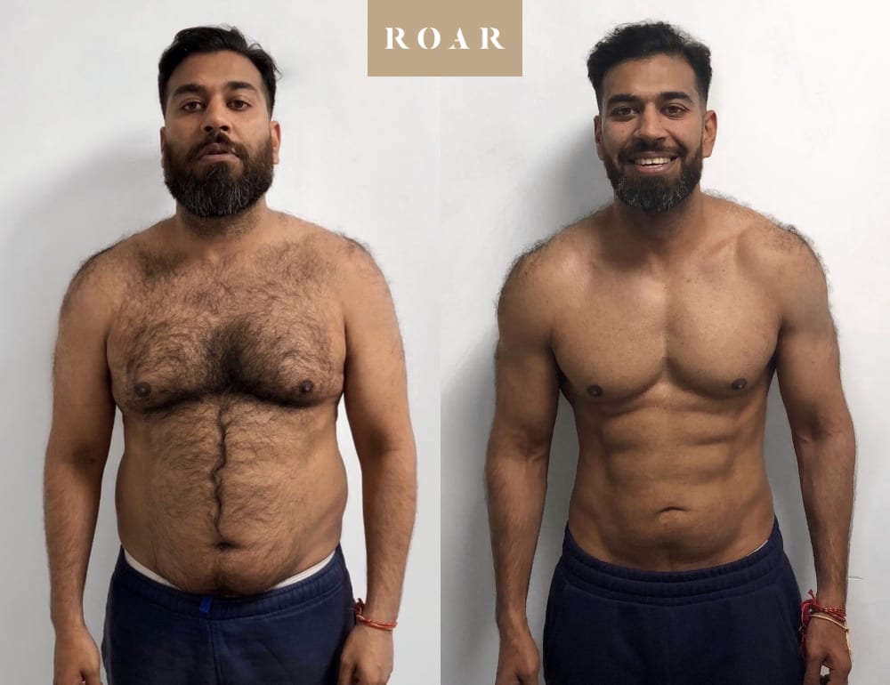 Ravi's male body transformation, before and after personal training at ROAR Fitness London