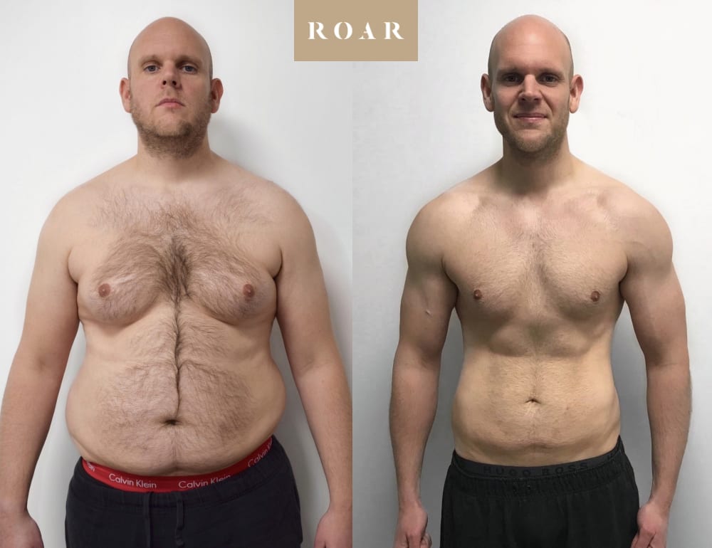 Richard's male body transformation, before and after personal training at ROAR Fitness London