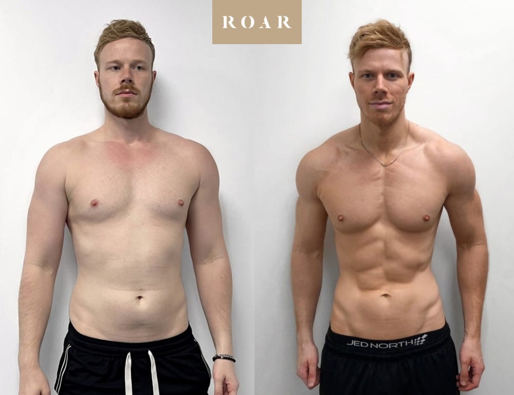 Rob's male body transformation, before and after personal training at ROAR Fitness London