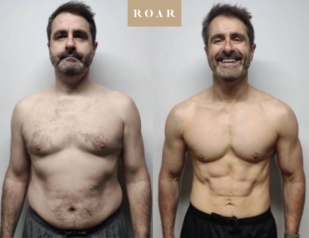 Simon before and after his male body transformation with ROAR Fitness London personal training