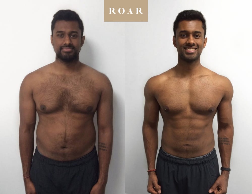 Suman's male body transformation, before and after personal training at ROAR Fitness London