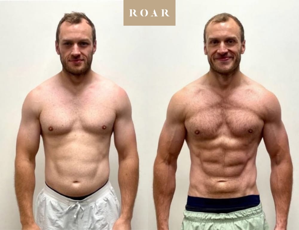Before and after photos of Tom's male body transformation after injury at ROAR Fitness London
