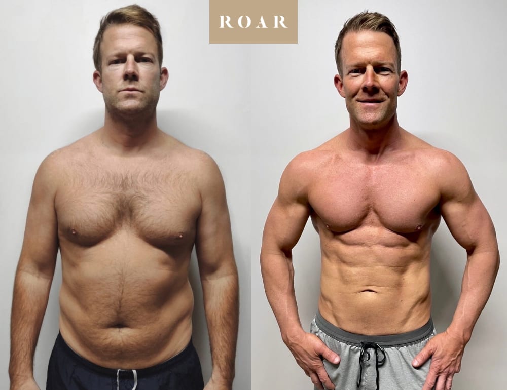 Travis before and after his male body transformation with ROAR Fitness London personal training