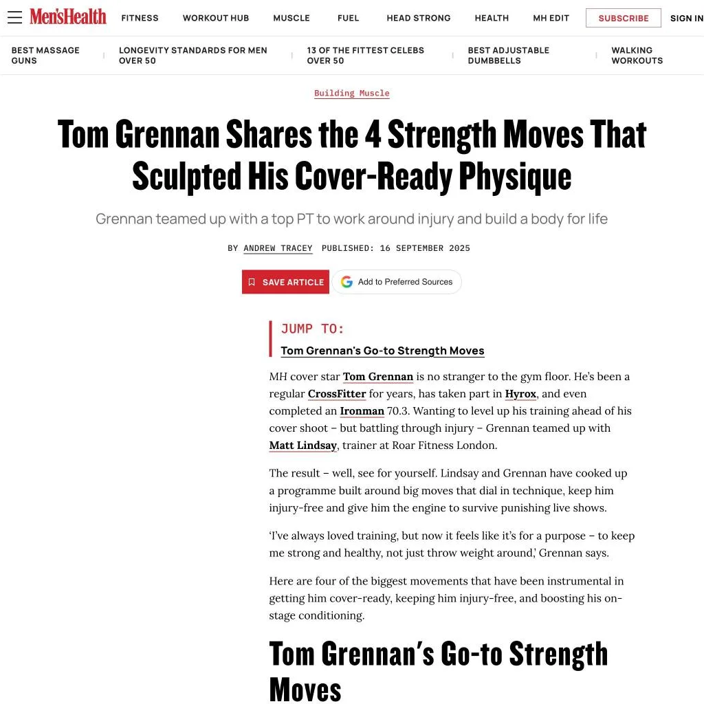 The Men’s Health article on Tom Grennan’s four strength moves, written with Roar Fitness trainer Matt Lindsay
