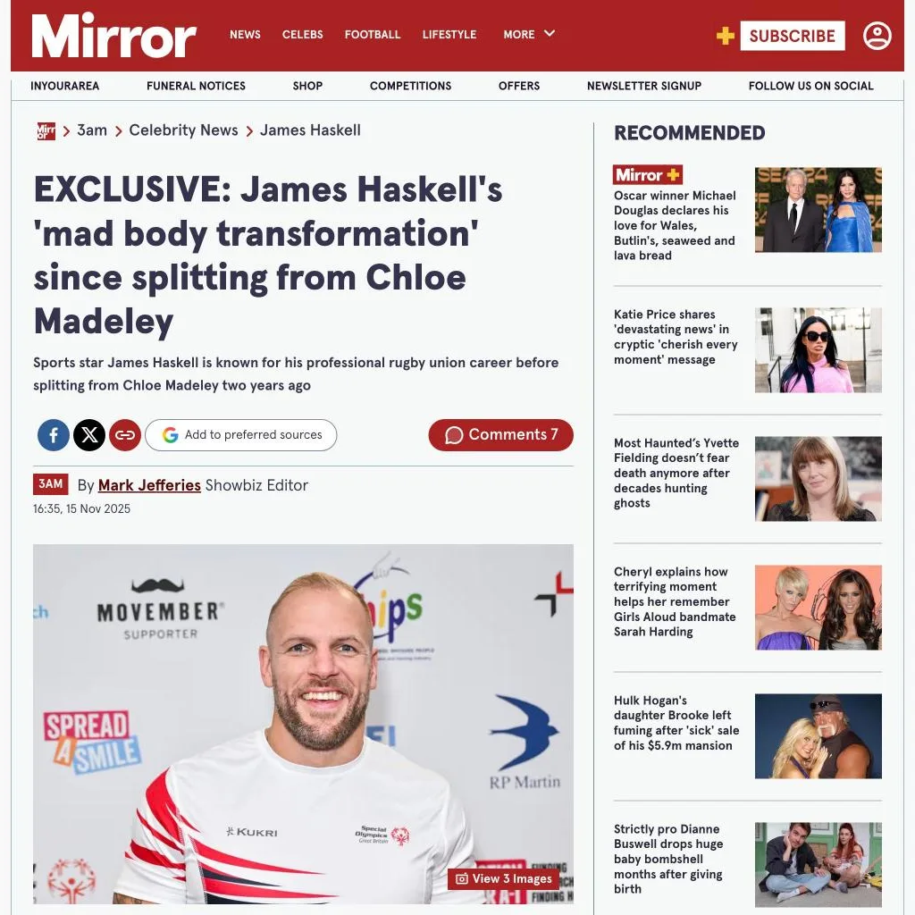 The Mirror article on James Haskell’s body transformation with Roar Fitness
